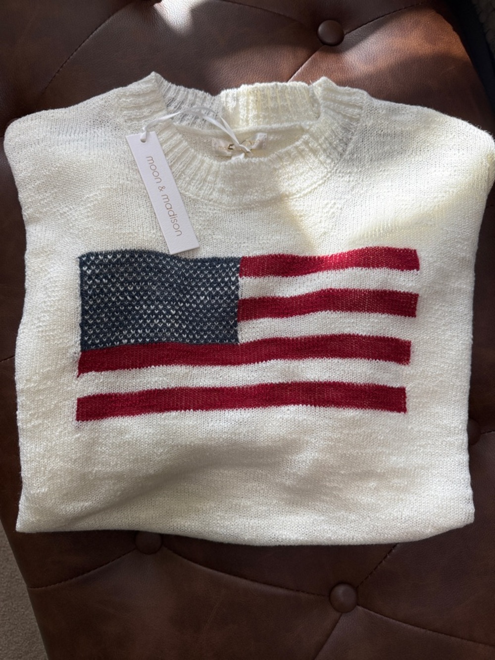 moon & madison Ivory Sweater with American Flag
